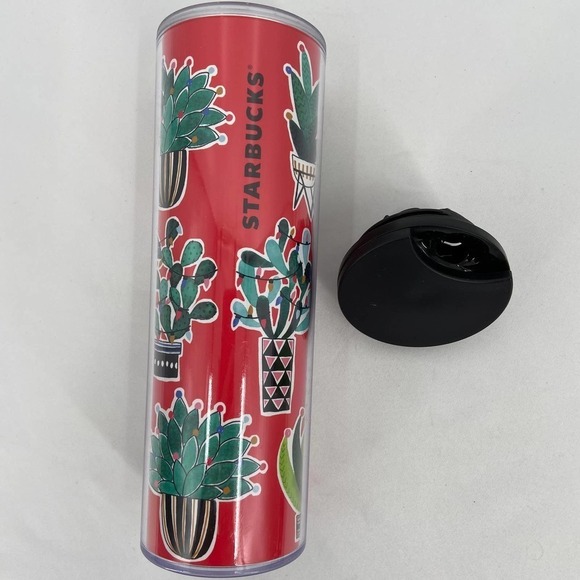 Starbucks Tumbler 16 Ounce Cactus Plants Print Red Green Insulated With Lid - Picture 1 of 8